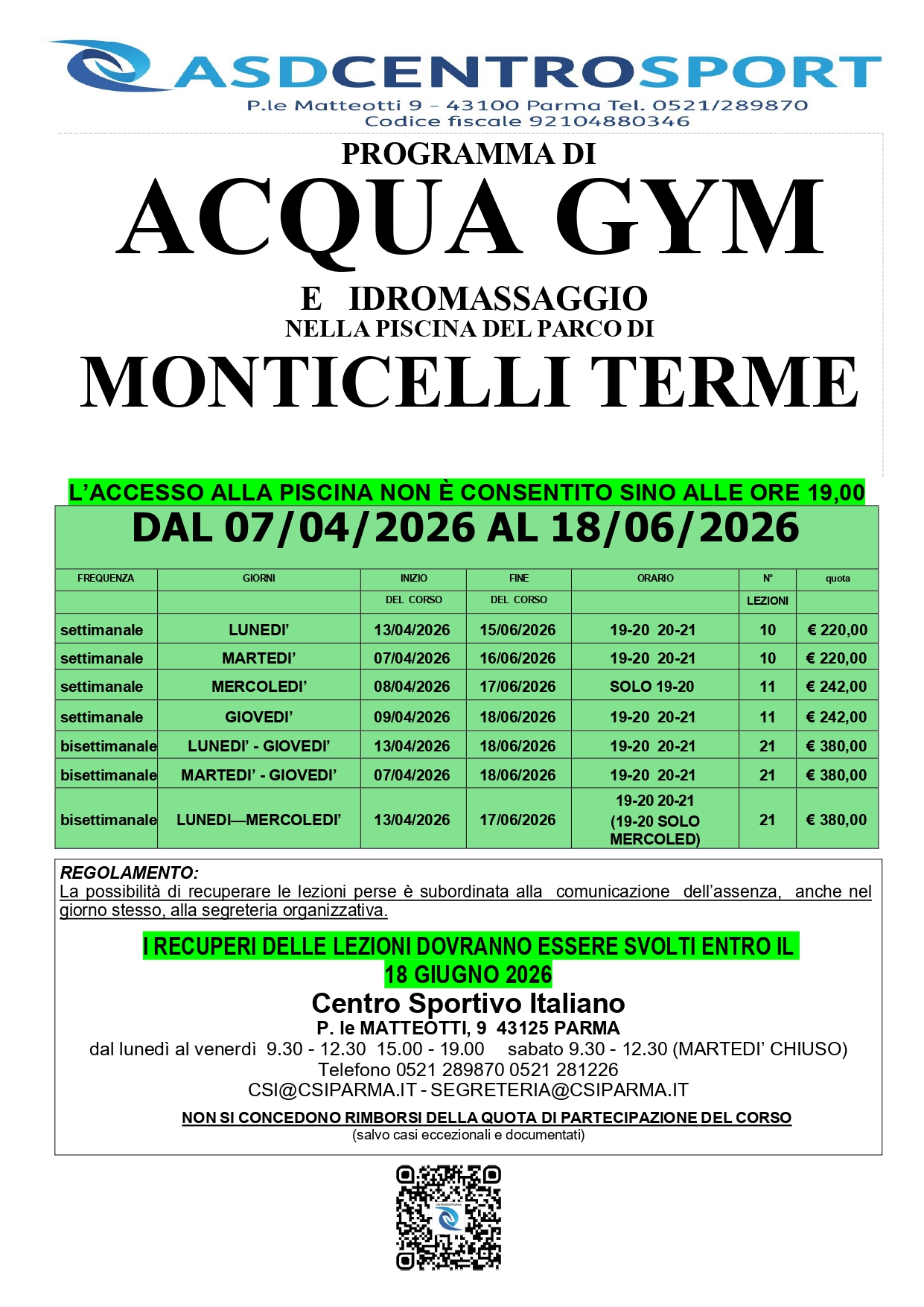 Programma del corso di Acquagym 2026 a Monticelli terme