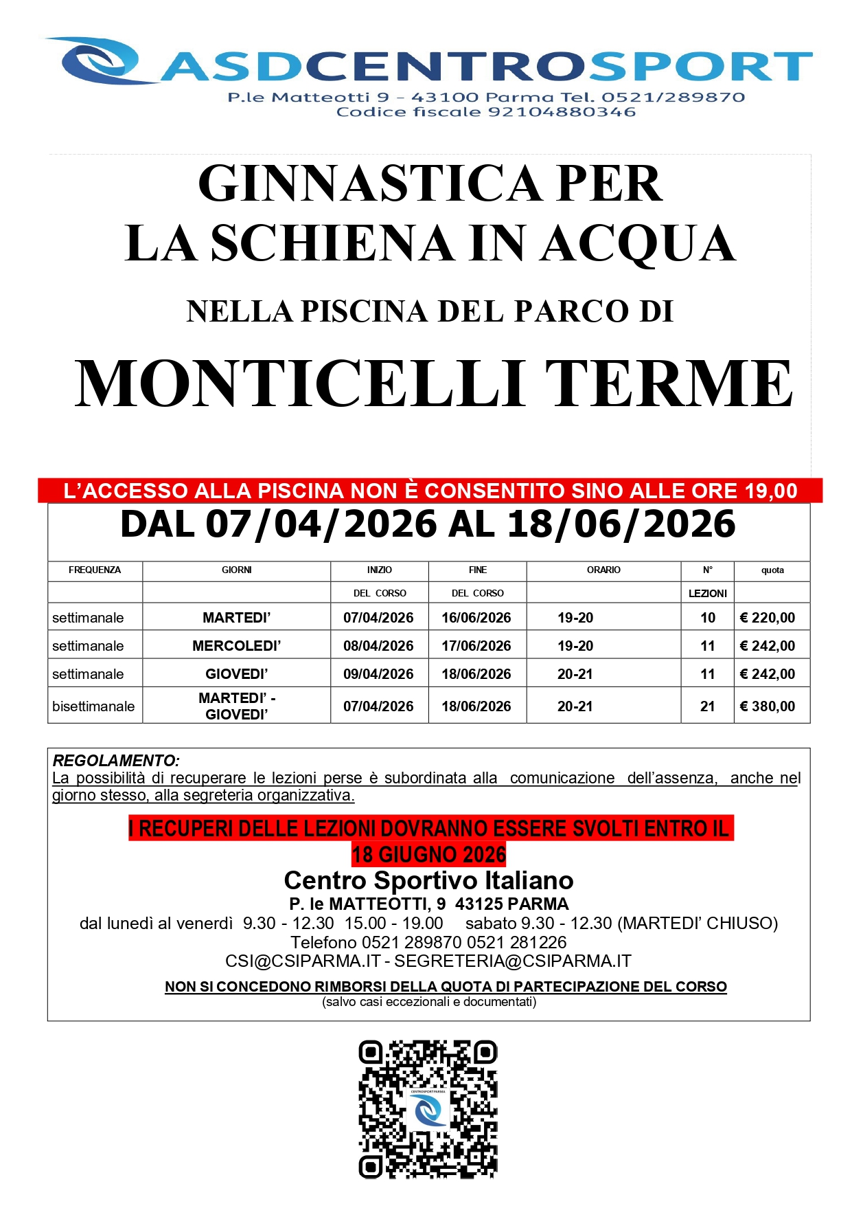 Programma ginnastica per la schiena in acqua a Monticelli Terme